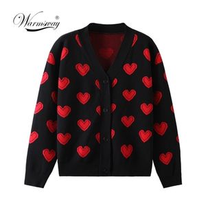 Aşk Kalp Desen Sıcak Kazak Ceketler İlkbahar Sonbahar Kadınlar Zarif Örgü Vintage V Boyun Gevşek Kalın Hırka Ceket C-110 210914