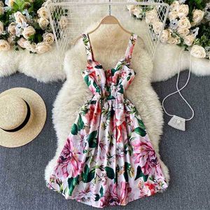 여름 Boho 짧은 드레스 Vestidos 여성 슬림 라인 V 넥 섹시한 해변 드레스 숙녀 빈티지 꽃 인쇄 휴일 로브 210525