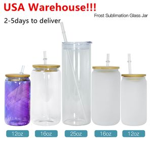 Wholesale Local Warehouse 12oz 16oz Sublimation Glass Can Wine Glasses Fosted Clear Drinking Glasses With Bamboo Lid and straws Beer Mug US Stock