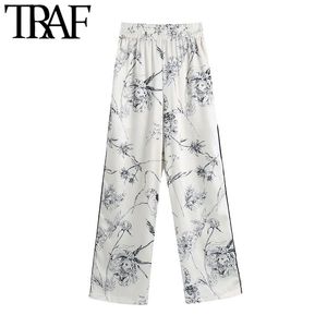 Traf Women Chic Fashion Fashion Floral Print szeroko nogi spodnie Vintage High Elastyczne kieszenie boczne talii żeńskie spodnie Mujer 210415