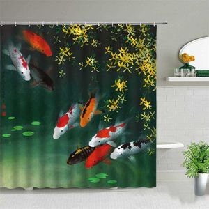 中国風鯉の魚プリントシャワーカーテンバスルームスクリーン防水ファブリック背景壁の装飾布ぶら下げカーテンギフト211116