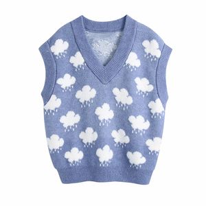 Sweet V Neck Vintage Cloud Pattern Sweater Vest Kvinnor Ärmlös Stickade Grödor Tröjor Casual Höst Preppy Style 210520