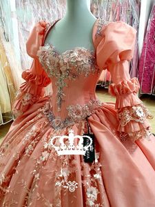 Bolero ile Vintage Pembe Quinceanera Elbiseler 3D Çiçek Aplike Vestidos Para XV Años Tatlı 16 Balo Abiye Robe de Soirée