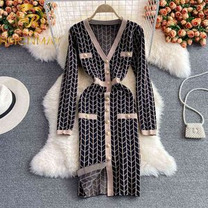 New Korean Fashion Spring Autumn Women Sexy V-Neck Long Sleeve Slim Dress Fashion Geometry Single-breasted Knitted Dress Y1204