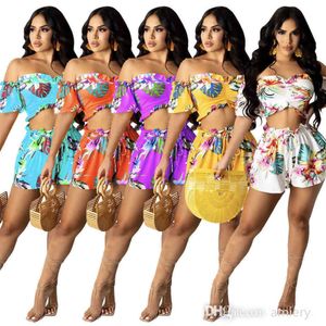 Verão Mulheres Tracksuits Designer Moda Flores Impresso Sem Mangas Breast Wrap Shorts Dois Peça Sets Casual Slim Outfits S-XL A001