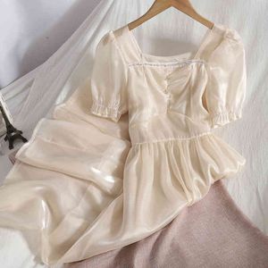 Koreanska knäppta fyrkantig nacke bubbla ärm ren färg elegant klänning sommar mode ljus a-line lång a-line vestido 210420