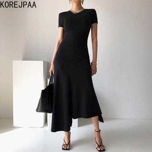 Korejpaa Women Dress Summer Korean Chic Female Elegant Temperament Round Neck Slim-Fit Waisted Slimming Irregular Vestidos 210526