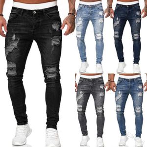 2020 nya män rippade hål jeans denim byxor fickor knäppas skinny långa byxor mitten midja hip hop punk slim-fit casual streetwear x0621