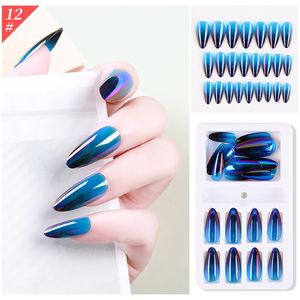 Fashion 24 pcs Women False Nail Set Gradient Metal Color Recyclable Fake Nails with Jelly Glue Package