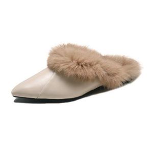 Women Furry Slippers Autumn Fashion Pointed Toe Mules For Woman Ladies Warm Fur Casual Flats Women's Shoes Female Footwear