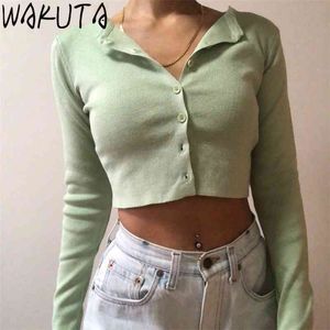 Wakuta Kobiety Cienkie Dzianiny Kardigan Koreański O-Neck Krótkie Dzianiny Moda Krótki Rękaw Ochrona przed słońcem Crop Top Ropa Mujer 6B082 210714