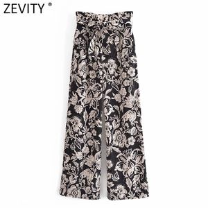 Women Vintage Totem Flower Printing High Waist Bow Tied Paper Pants Retro Female Zipper Fly Chic Long Trousers P1032 210420