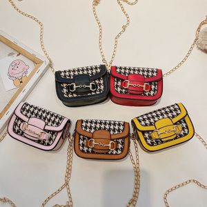 Barn designer handväska barn houndstooth tryckt färg matchande mini sadelväskor liten flicka kedja crossbody väska noll plånbok f818
