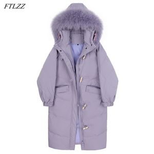 Kış Büyük Gerçek Fox Kürk Kapüşonlu Uzun Aşağı Ceket Kalın Mor Sıcak Ox Boynuz Toka Dış Giyim 90% Beyaz Ördek Coat 210430