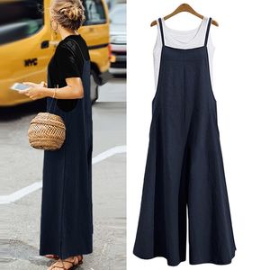 Plusstorlek Nya Kvinnor Bomull Linnefickor Långt brett ben Romper Strappy Dungaree Bib Overells Casual Loose Solid Jumpsuit Trousers 210419