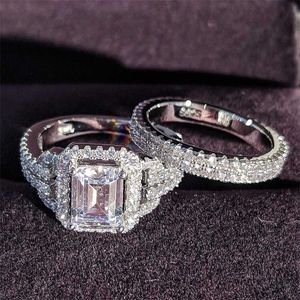 Solid 925 Sterling Silver Zircon Wedding Ring Set For Bridal Women Finger Luxury Wholesale Lots Bulk Jewelry R4835 211217