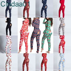 Women Jumpsuits Designer Slim Sexy Autumn Winter Button Flip Adult Pajamas Printed Christmas Long Sleeve Housewear Rompers 20 Colours