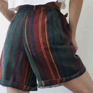 Vår Lossa Korta Byxor Med Pocket Kvinnor Kläder Streetwear Sommar Vintage Striped High Street Färgglada S 210719
