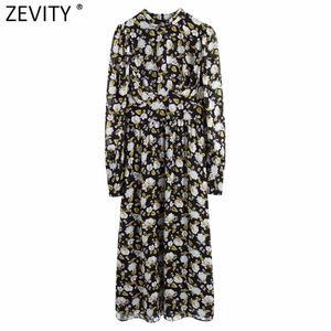 Women Vintage Stand Collar Flower Print Casual Slim Midi Dress Female Puff Sleeve Pleats Party A Line Vestido DS4670 210420