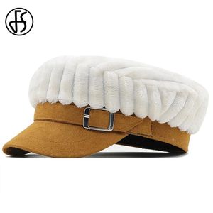Berets FS 2021 Luxury Sboy Hats For Women Elegant Brown White Winter Cap British Retro Plush Striped Military Hat Beret Femme