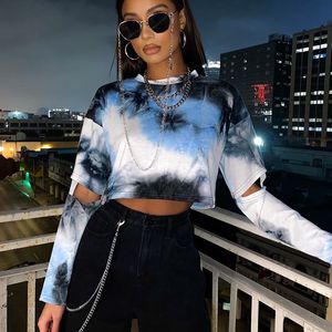 Women Tie-dye Print Crop Tops Fashion Autumn O Neck Hollow Out Broken Long Sleeve Loose Short T-shirt Female Street Tshirts 210507