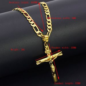 Äkta 24k Gul Solid Fin Stort hänge 18ct THAI BAHT G/F Guld Jesus Cross Crucifix Charm 55*35mm Figaro Chain Halsband