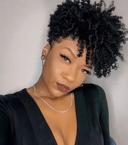 Short high afro kinky human hair ponytail hairstyle for black women taped crochet curly puff bun hairpiece real brazilian 120g drawstring clip ins