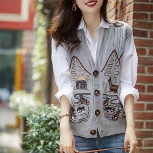 Women Vest Spring Autumn Fashion Korean Style Sleeveless Single-Breasted Jacket Knit Print Vests V-Neck All-match Female Coats 211120