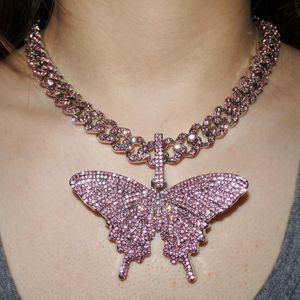 Gold crystal butterfly pendant necklace women hip hop miami cuban link chain 12mm rapper rock iced out choker jewelry X0509