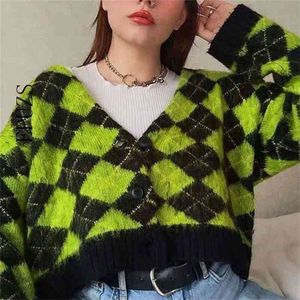 Vintage Argyle Malha Cardigan Suéter Kawaii Mohair Sweater Winter Korean Sweater Roupa 210805