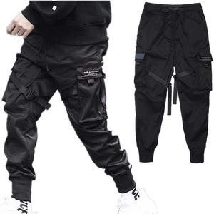 Hip Hop Erkek Cepler Elastik Bel Harem Pantolon Erkekler Streetwear Punk Rahat Kurdela Tasarım Pantolon Jogger Erkek Dans Siyah 210715