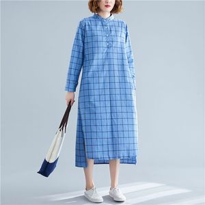 Mulheres solta camisa casual vestido novo chegada primavera estilo simples coreano vintage xadrez de algodão linho feminino vestidos longos s2839 210412