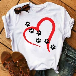 夏の女性Tシャツの赤いハート犬の足跡Tシャツカジュアル半袖ティーシャツ女性グラフィックトップスかわいいシャツティー服x0527