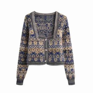 Vintage Women Floral Jacquard Sweater Fashion Ladies Knitted Short Coats Streetwear Female Chic Square Collar Cardigan 210430