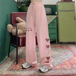 HOUZHOU Harajuku Pink Pants Streetwear Women Oversize High Waist Wide Leg Trousers Embroidery Aesthetic Loose Korean Fashion 211115
