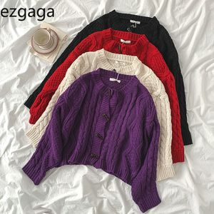 Ezgaga紫色のセーター女性秋の新しいソリッドOネック長袖ニットカーディガンボタンクリスマスセーター冬温かい韓国スタイル210430