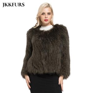 Cappotto di vera pelliccia di procione moda primavera autunno inverno giacca da donna lavorata a maglia di alta qualità S7105 finto