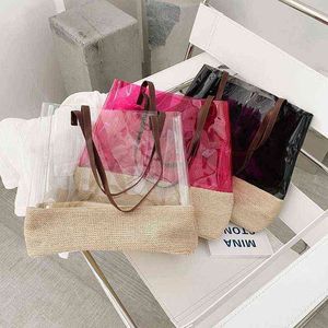 ショッピングバッグ大織りハンドバッグ透明な買い物客バッグファッションクリアストロービーチショルダーデザイナーPVCゼリートート220309