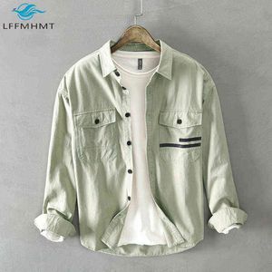 Uomo Primavera Autunno Stile coreano 100% cotone Camicia di alta qualità Uomo Casual Allentato manica lunga risvolto Top Doppia tasca Trendy Outwear G0105