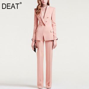 colarinho de giro duplo breasted cor rosa bolsos de cor escritório senhora blazer e calça de comprimento total dois pedaços conjunto wm87111l 210421