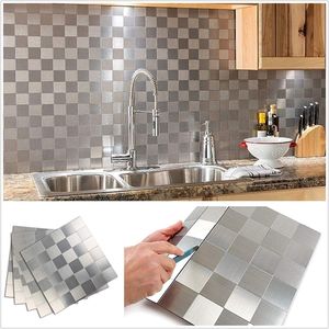 Peel en stok tegel backsplash zelfklevende muursticker voor keuken muur decor aluminium oppervlak metalen tegel zilveren vierkante plaid y0805