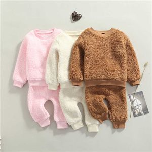 Newborn Infant Plush Top Pants Set Autumn Winter Long Sleeve Sweashirts and Long Trousers Solid Casual Homewear 2pcs Girls Boys G1023