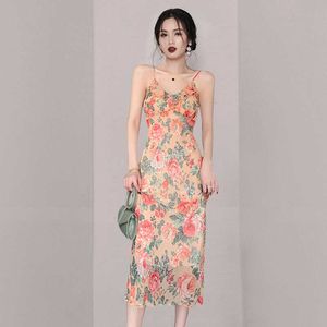 Sommer Elegante Spaghetti Strap frauen Blumen Druck Mantel Kleider Abend Party Besondere Anlässe Kleid Vestidos 210529