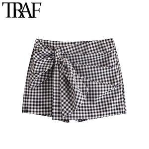 Women Chic Fashion With Knot Pleated Plaid Shorts Skirts Vintage High Waist Side Zipper Female Skort Mujer 210507