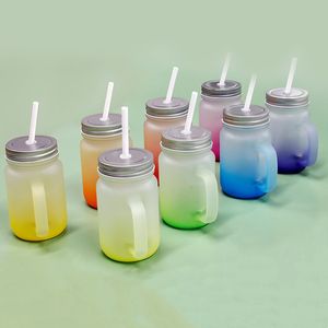 430ml sublimering glas Mason burk med handtag Gradient glas tumblers termisk överföring vattenflaska Färgglada sublimerade koppar A02