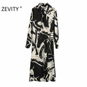 Zevity Women Vintage Contrast Color Graffiti Drukuj Koszula Sukienka Office Lady Długi Rękaw Kimono Vestido Chic Casual Dresses DS4478 210603