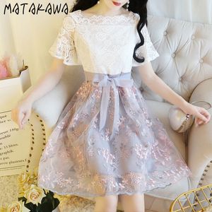 MATAKAWA Floral Mini Dresses for Women Plus Size Women's Robes Summer Woman Dress Fashion Lace Dress Stitching Bow Tie Vestidos 210513