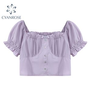 Camicetta corta a maniche corte con sbuffo coreano per camicia da donna monopetto elastica sottile elegante elegante dolce top Femme 210417