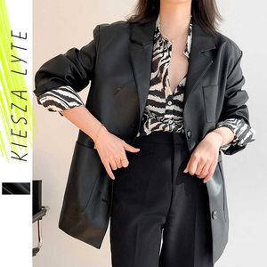 Moda Notched PU Jacket Kobiety Casual Faux Skórzany Spring Suit S Office Damska Kobieta Znosić Streetwear 210608