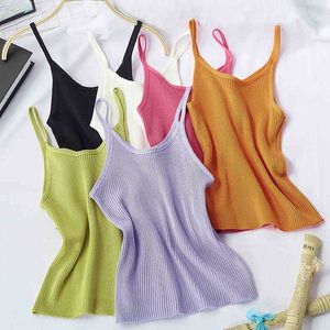 Women Knitted Camis Tank Tops Knitting Vest Tanks Top Tape Sleeveless T-shirt Elastic Strecth Solid Fitness Shirts Summer 210423